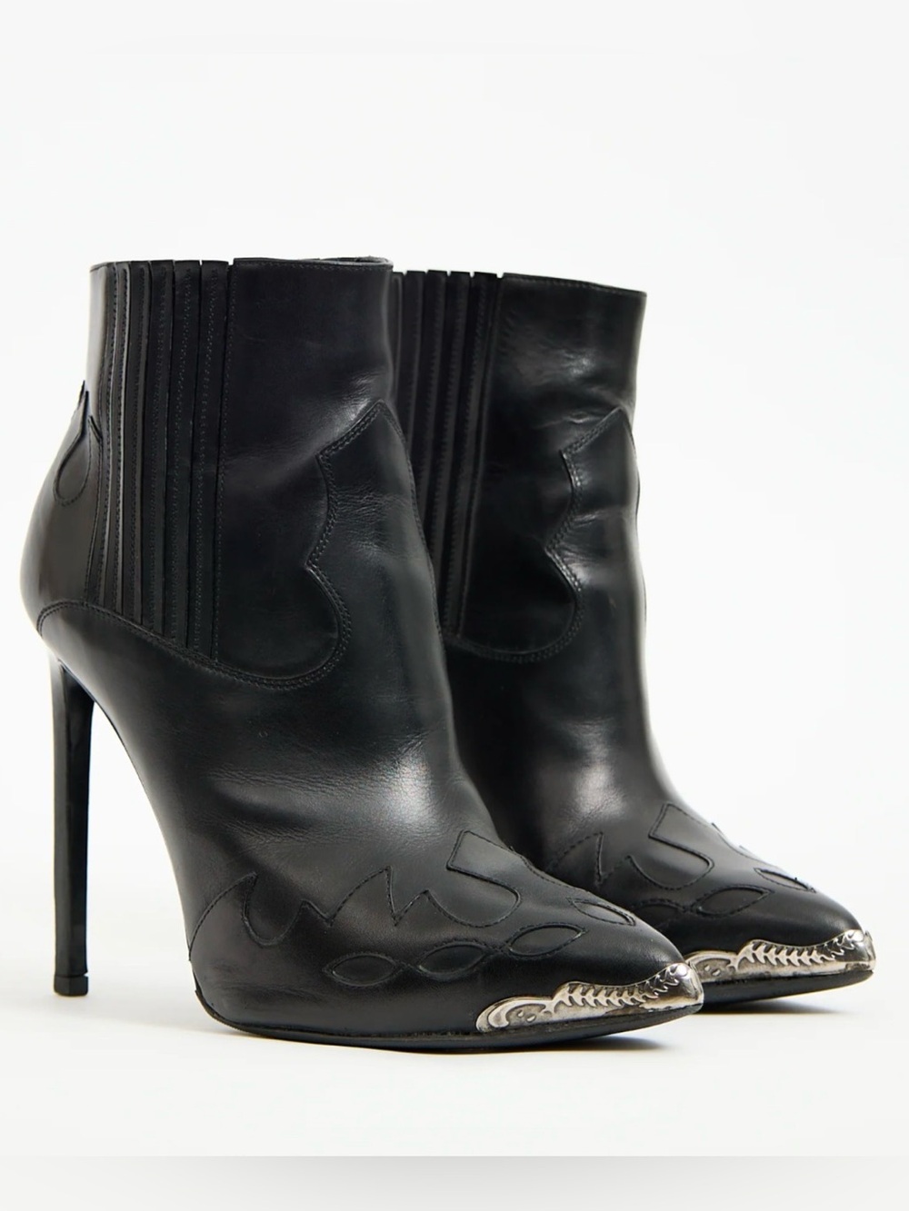 Saint Laurent Women's Black Leather Western Stiletto High-Heel Ankle Boot